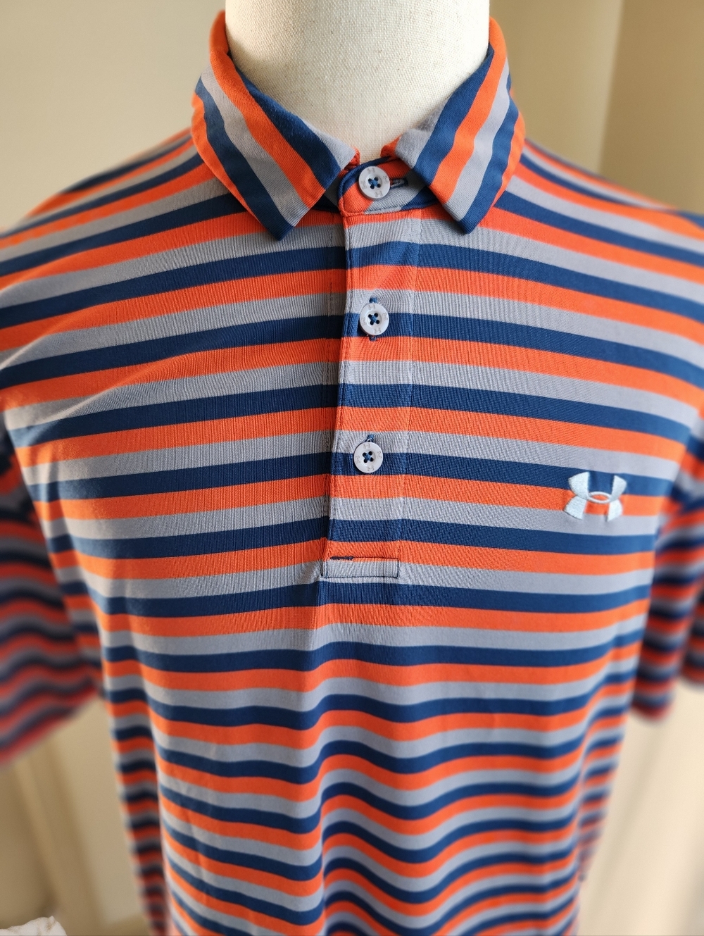 Under Armour XL Loose Orange, Navy Gray Stripe Performance Polo Embroidered Logo